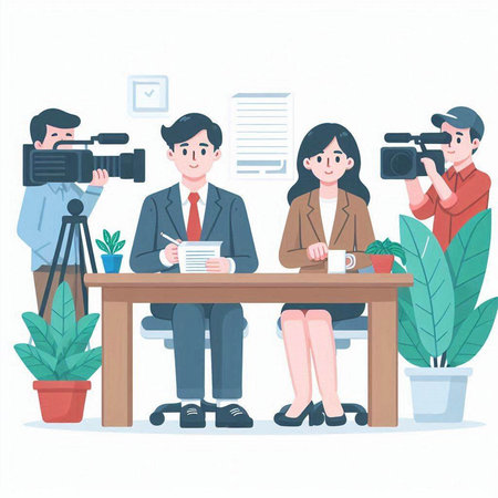 Journalist and reporter in the interview. Vector illustration in cartoon style.のイラスト素材