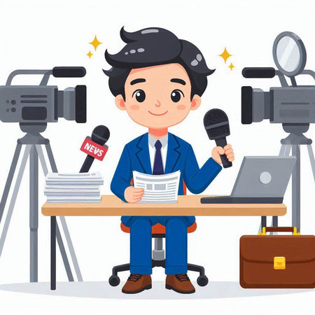 Journalist with a microphone and a laptop. Vector cartoon illustration.のイラスト素材
