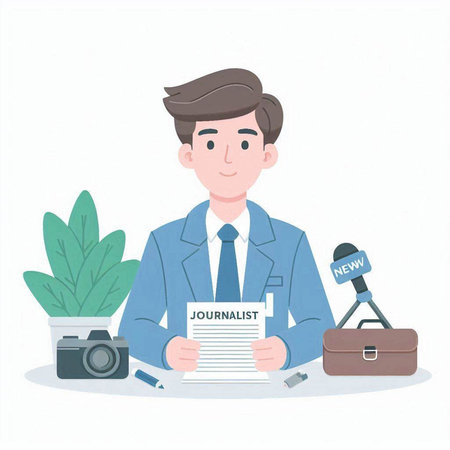 Journalist with a camera and a newspaper. Flat vector illustration.のイラスト素材