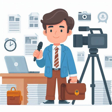 Journalist with microphone and laptop. Flat design style vector illustration.のイラスト素材