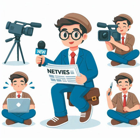 Journalist with camera and newspaper. Vector illustration in cartoon style.のイラスト素材