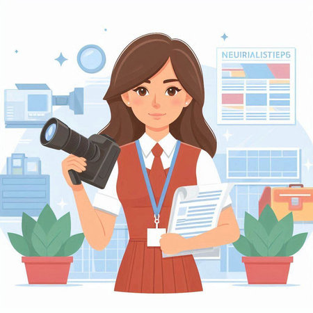 Journalist woman with camera and newspaper. Vector illustration in cartoon styleのイラスト素材