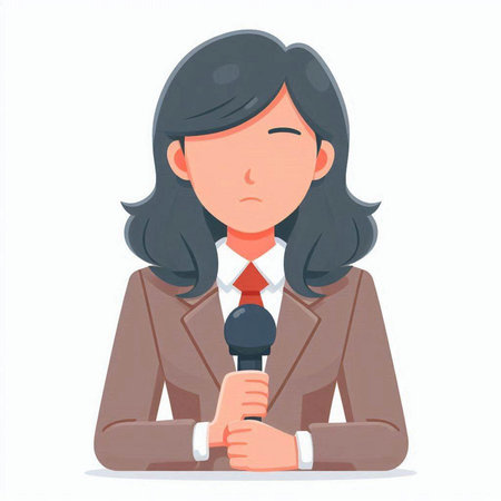 Female journalist with microphone. Vector illustration in a flat cartoon style.のイラスト素材