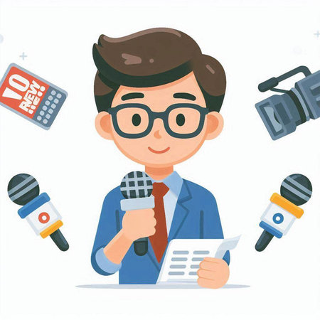 Journalist with microphone and news report. Vector flat cartoon illustration.のイラスト素材