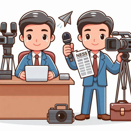 Journalist and cameraman with news paper and camera. Vector illustration.のイラスト素材