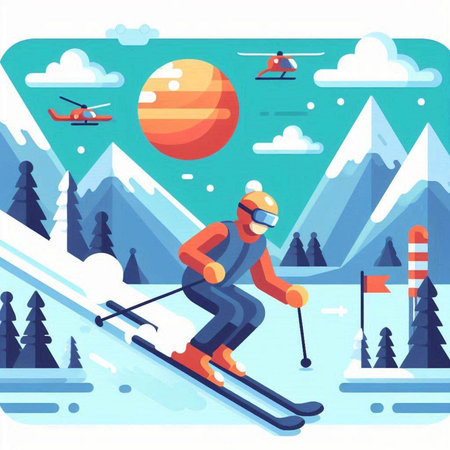 Snowboarder skiing downhill in mountains flat vector illustration. Winter sport activity.のイラスト素材