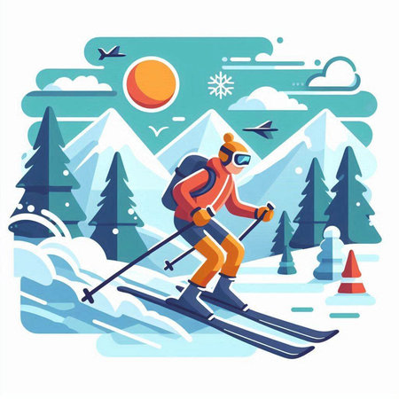 Skier skiing in mountains flat vector illustration. Winter sport, extreme sports, freestyle.のイラスト素材