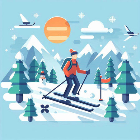 Skiing in the mountains. Vector illustration in flat style.のイラスト素材