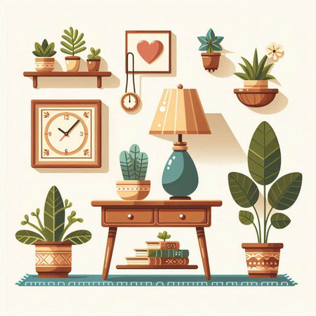 Vector set of house plants in pots, lamps, clocks, books and other objects.のイラスト素材