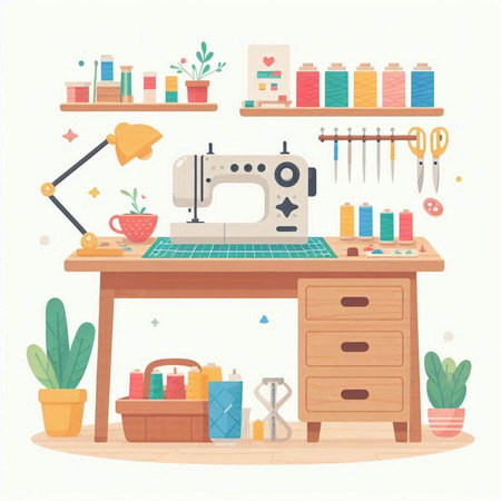 Sewing workshop. Sewing machine, tools and accessories. Vector illustration.のイラスト素材