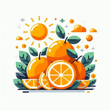 Orange fruit with leaves and sun. Vector illustration in flat style.のイラスト素材