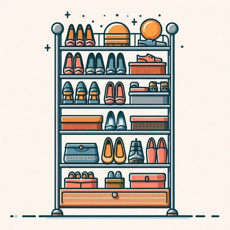 Illustration of a shelf with different shoes and accessories in retro styleのイラスト素材