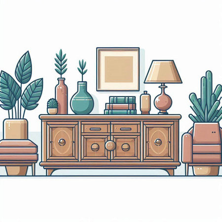 Interior of living room with furniture and plants. Vector illustration.のイラスト素材