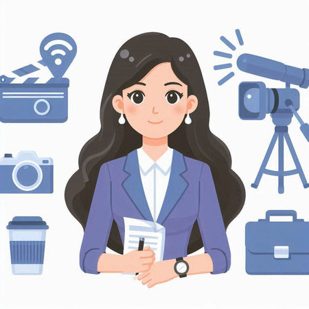 Businesswoman with a camera and a briefcase. Vector illustration.のイラスト素材