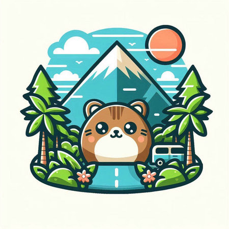 Cute cartoon beaver in the mountains. Vector illustration in flat style.のイラスト素材
