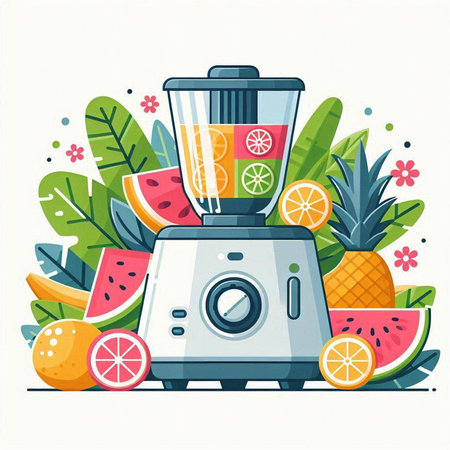 Juicer with fruits and tropical leaves. Vector illustration. Flat style.のイラスト素材