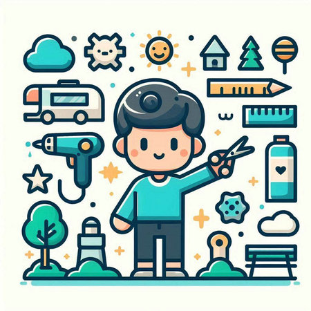 Flat line art design of boy playing video games, vector illustrationのイラスト素材