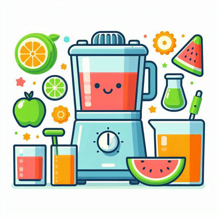 Vector illustration of juicer with fruits and juice in cartoon style.のイラスト素材