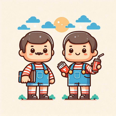 Cute father and son drinking soda in the park. Vector illustration.のイラスト素材
