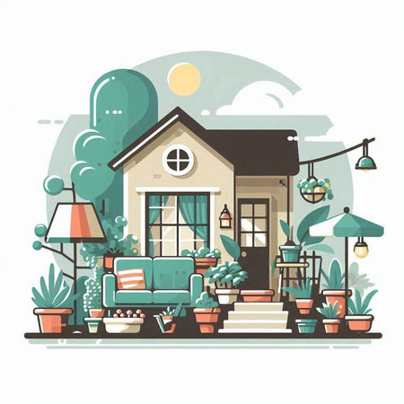 Vector illustration of a cozy house in the garden. Flat style.のイラスト素材
