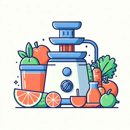 Juicer with fresh fruits and vegetables. Vector illustration in line art style.のイラスト素材