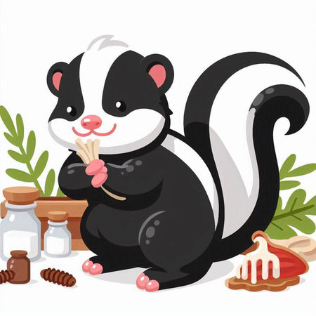 Illustration of a Cute Skunk Eating a Sausageのイラスト素材