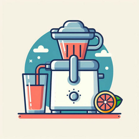 Vector illustration of modern flat line style icon of juicer with glass of juice.のイラスト素材