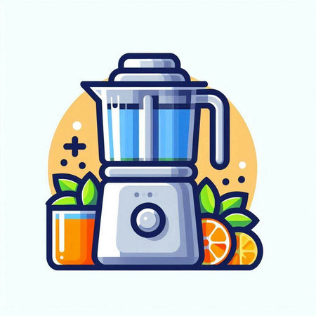 Modern flat design vector illustration icon of juicer with orange juice and fruits.のイラスト素材