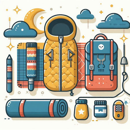 Set of travel and camping equipment. Vector illustration in flat style.のイラスト素材