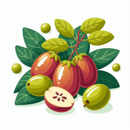 Ripe jujube fruits with green leaves. Vector illustration.のイラスト素材