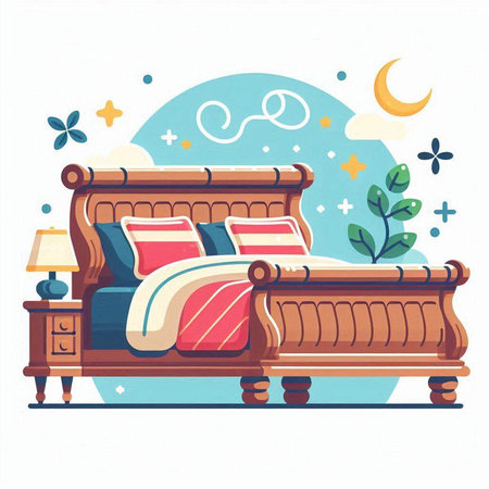 Vector illustration of bed with pillows on the bedside table.のイラスト素材