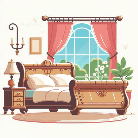 Vector illustration of a cozy bedroom with a bed and a window.のイラスト素材