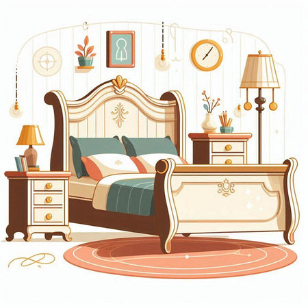 Bedroom interior with furniture and accessories. Vector illustration in cartoon style.のイラスト素材