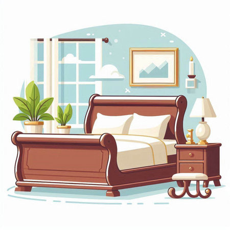 Bedroom interior with furniture and window. Vector illustration in cartoon styleのイラスト素材