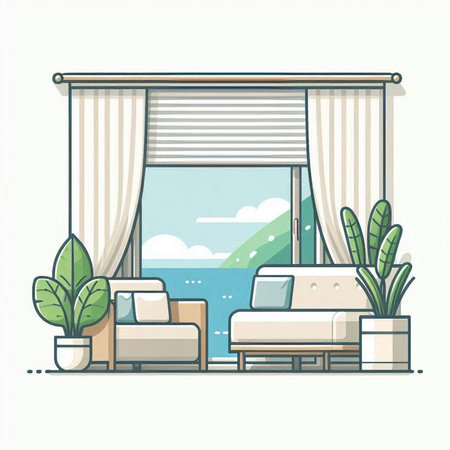 Living room interior with window, sofa and plants. Vector illustration.のイラスト素材