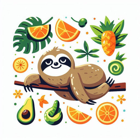 Cute cartoon sloth sitting on a tree branch with tropical fruits. Vector illustration.のイラスト素材