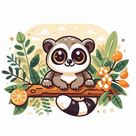 Cute cartoon lemur sitting on a branch. Vector illustration.のイラスト素材