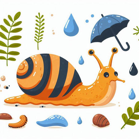 Cute cartoon snail with umbrella and rain drops. Vector illustration.のイラスト素材
