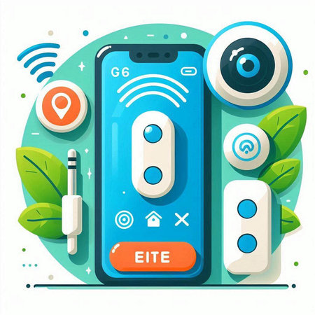 Smart home control with remote control on smartphone. Flat vector illustration.のイラスト素材