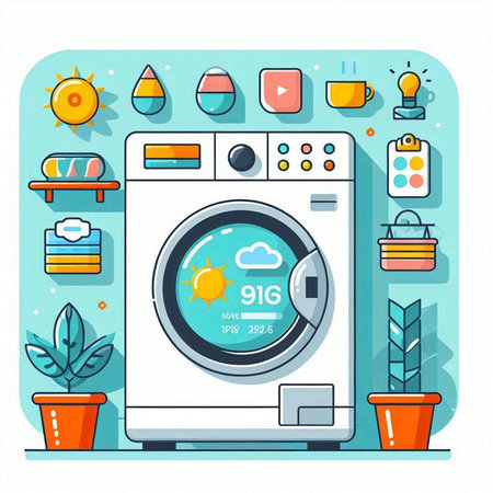 Washing machine with laundry icons. Vector illustration in flat style.のイラスト素材