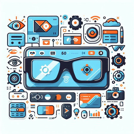 Virtual reality glasses and technology icons. Vector illustration in thin line styleのイラスト素材