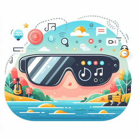 Modern flat design concept of virtual reality glasses on the beach. Vector illustrationのイラスト素材