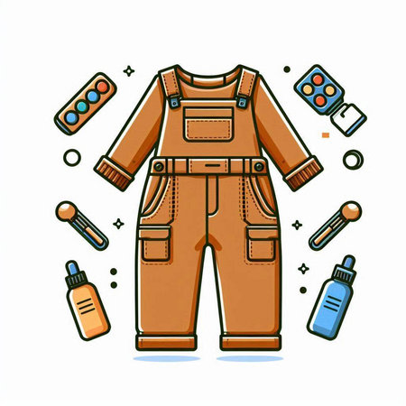 Vector illustration of working overalls and accessories. Hand drawn flat line art style.のイラスト素材