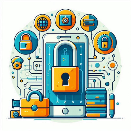 Cyber security concept. Vector illustration in a flat style. Smartphone with a lock on the screen and a set of icons.のイラスト素材