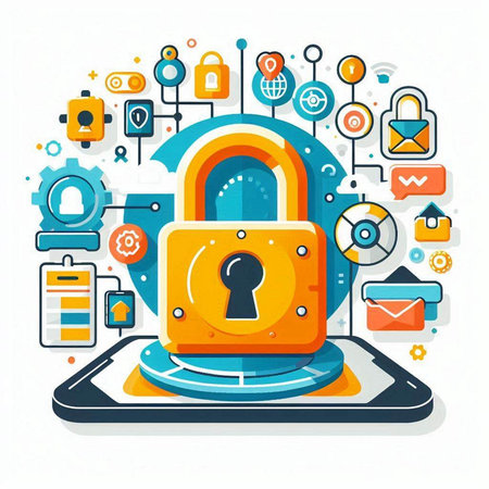 Cyber security concept with padlock on smartphone screen. Vector illustration.のイラスト素材