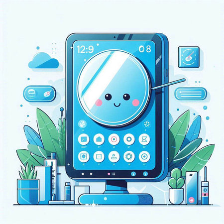Vector illustration of Smartphone with funny face on display. Flat style design.のイラスト素材