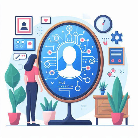 Vector illustration in flat cartoon style. The girl is looking at the round mirror with a picture of a man.のイラスト素材