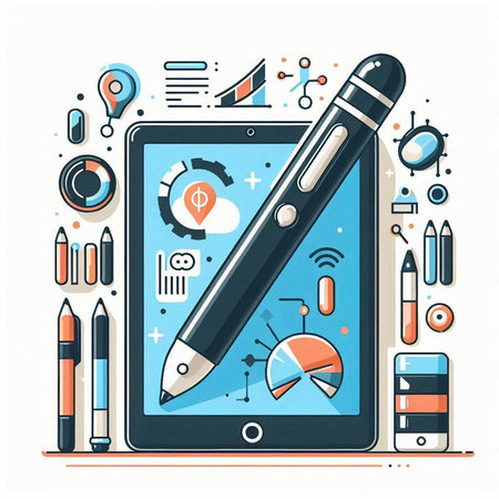 Tablet PC with drawing tools. Modern flat design style vector illustration.のイラスト素材