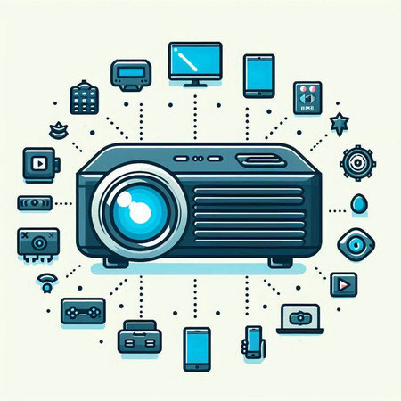 Vector illustration of a flat design of a video projector with different media iconsのイラスト素材