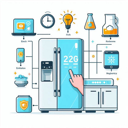 Smart fridge. Vector illustration in flat style. Electronic kitchen appliances.のイラスト素材